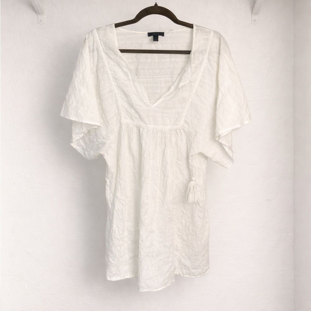 J Crew White Gauze Tunic Top Size Small Boho Flutter Sleeve Tassel Lightweight